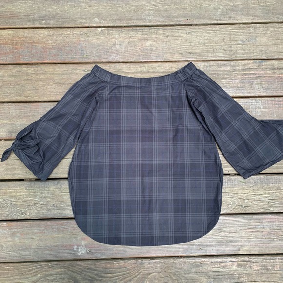 Tibi Blue Black Cotton Off The Shoulder Plaid Tie Sleeves Tunic 2 - Picture 2 of 15